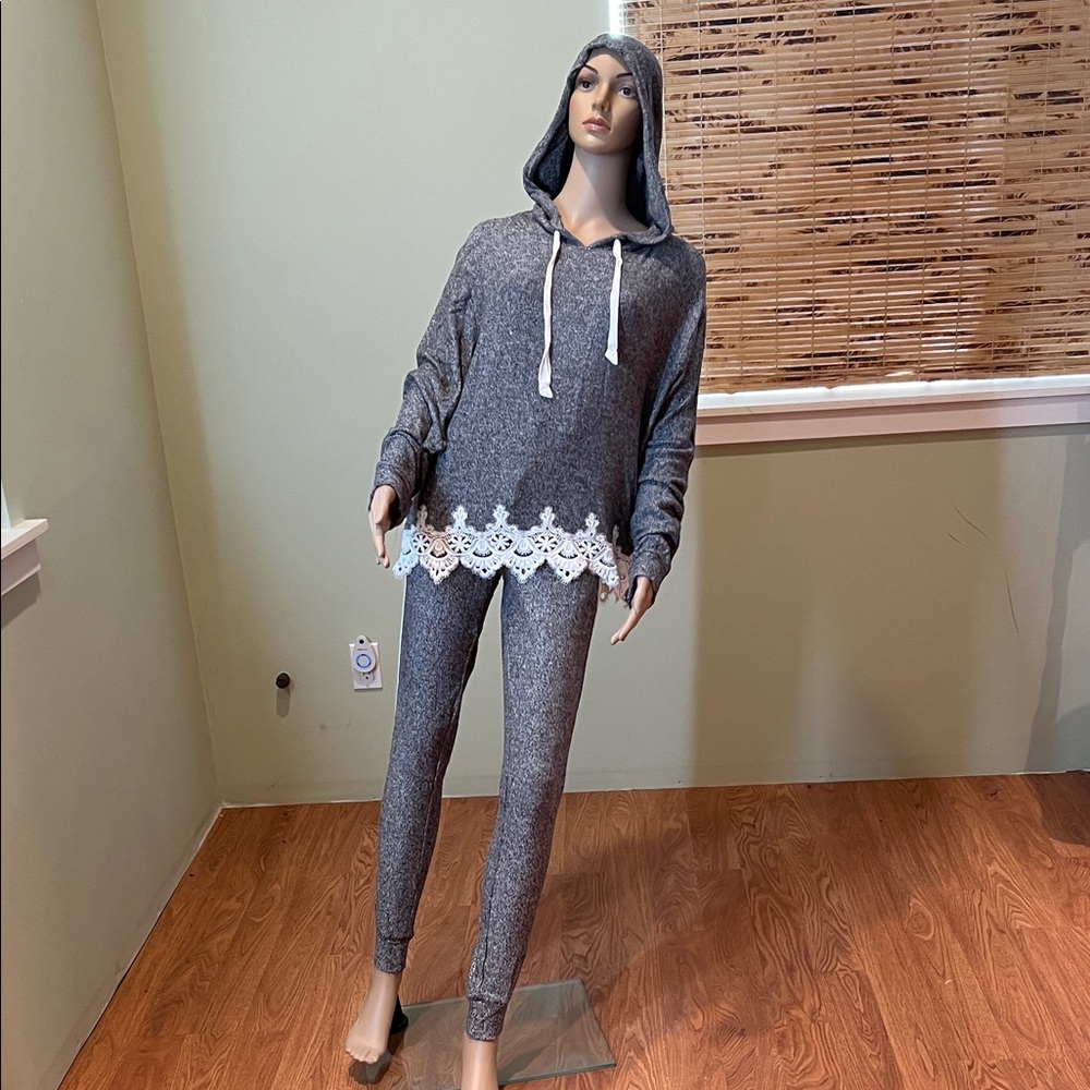 The Kooples  Cozy Gray Hooded Lounge Set with White Lace 3 or M